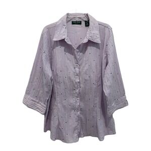 Lemon Grass Top 2X Lavender Crinkled Embroidered Dots Button Up Flare Sleeve‎